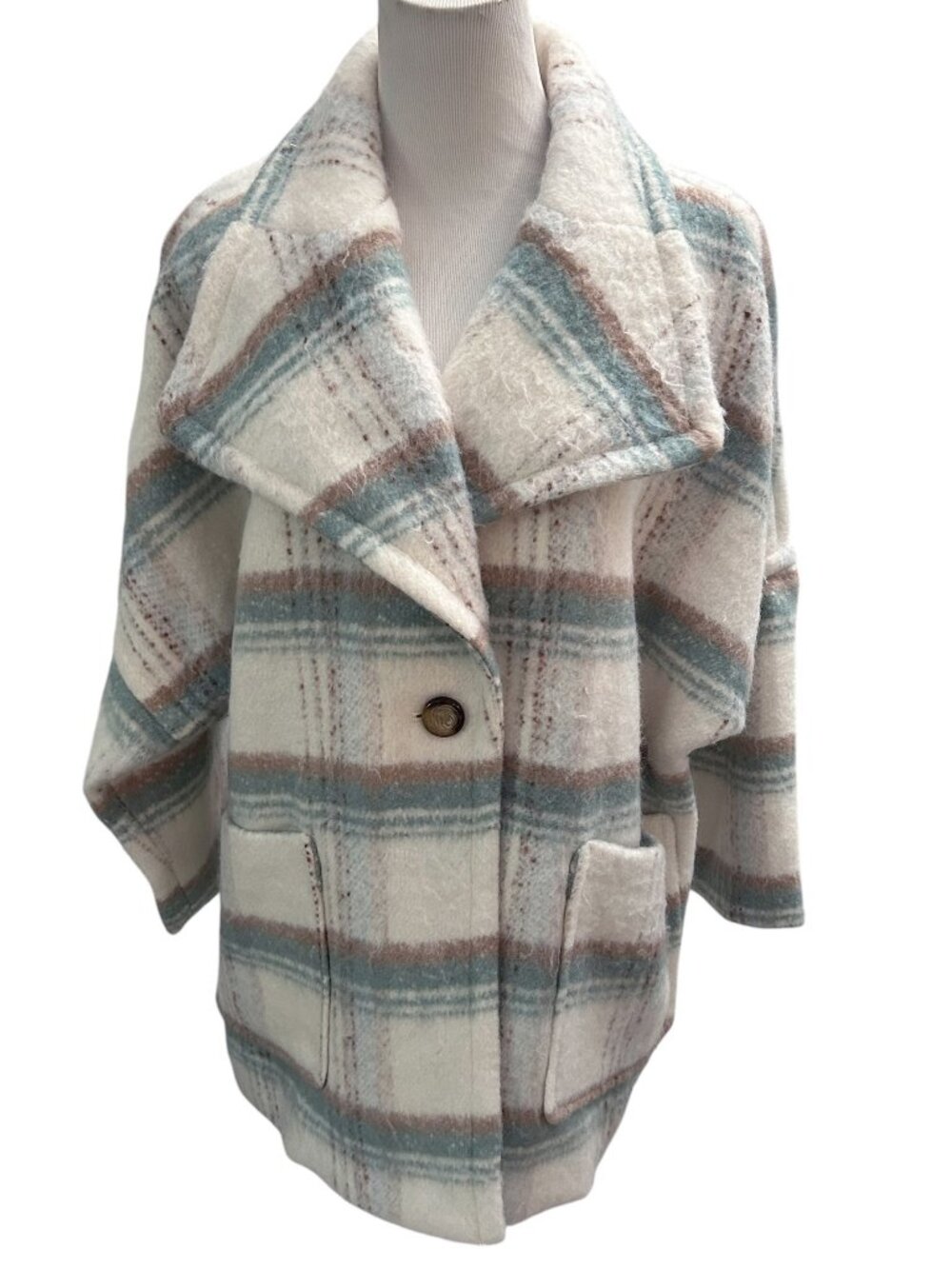 Anthropologie Elsa Size MP Cream  Neutral Plaid Fuzzy Oversized Peacoat Coat NWT